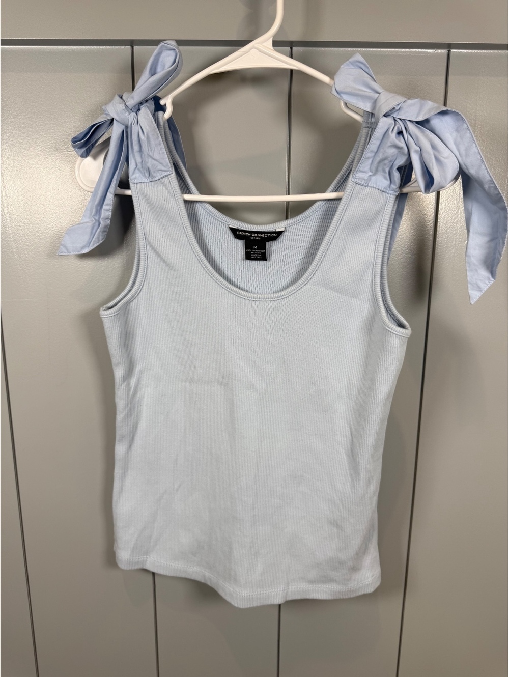 French Connection Light Blue Ribbed Tank Top with Bow Tie Straps SizeM Soft girl